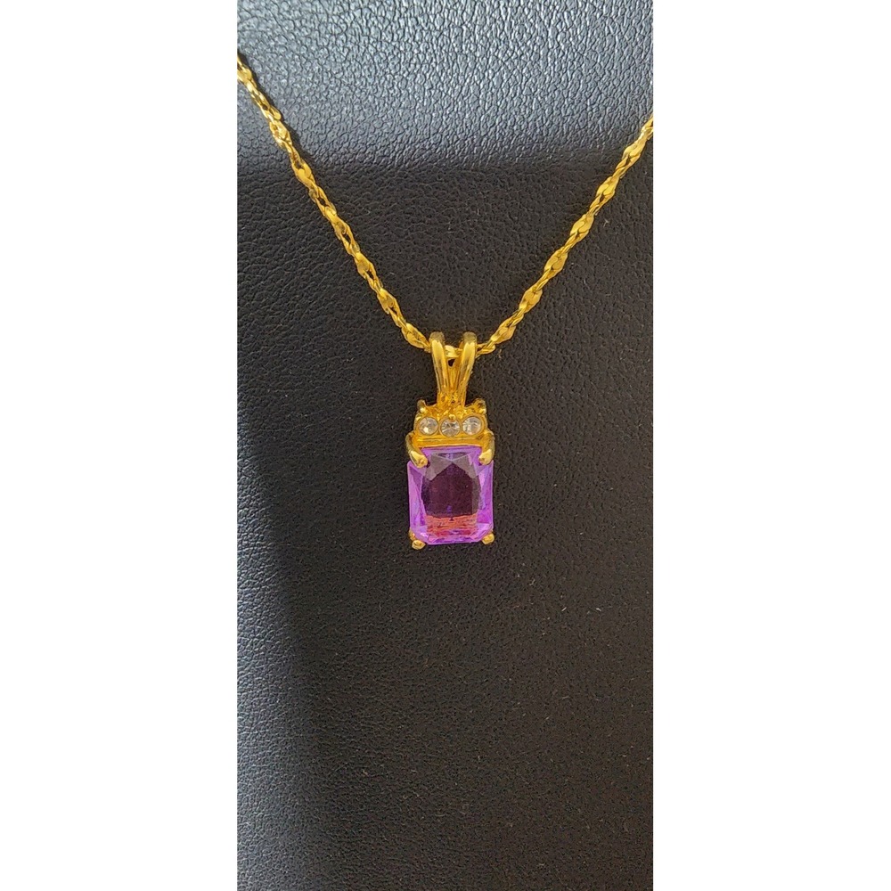 Gold‎ Tone Emerald Cut Purple Stone Pendant Necklace Twisted Rope Chain 18 Inch - Picture 2 of 6